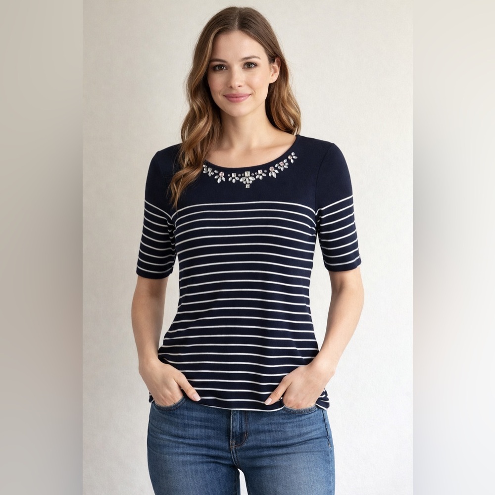 Ann Taylor Navy Striped Top with Embellished neckline Sz XS